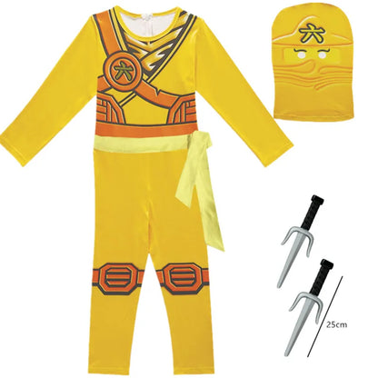 Kids Ninja Cosplay Superhero Jumpsuit – Anime Ninja Costume with Toy Fork, Fancy Party Dress for Carnival & Halloween