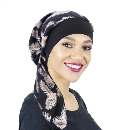 Women’s Pre-Tied Turban Cap – Muslim Hijab & Chemo Hair Loss Head Scarf with Flower Print Stretch Bandana