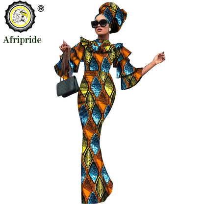African Bazin Riche 2-Piece Dress Set - Plus Size Bodycon Dress with Headwrap for Women