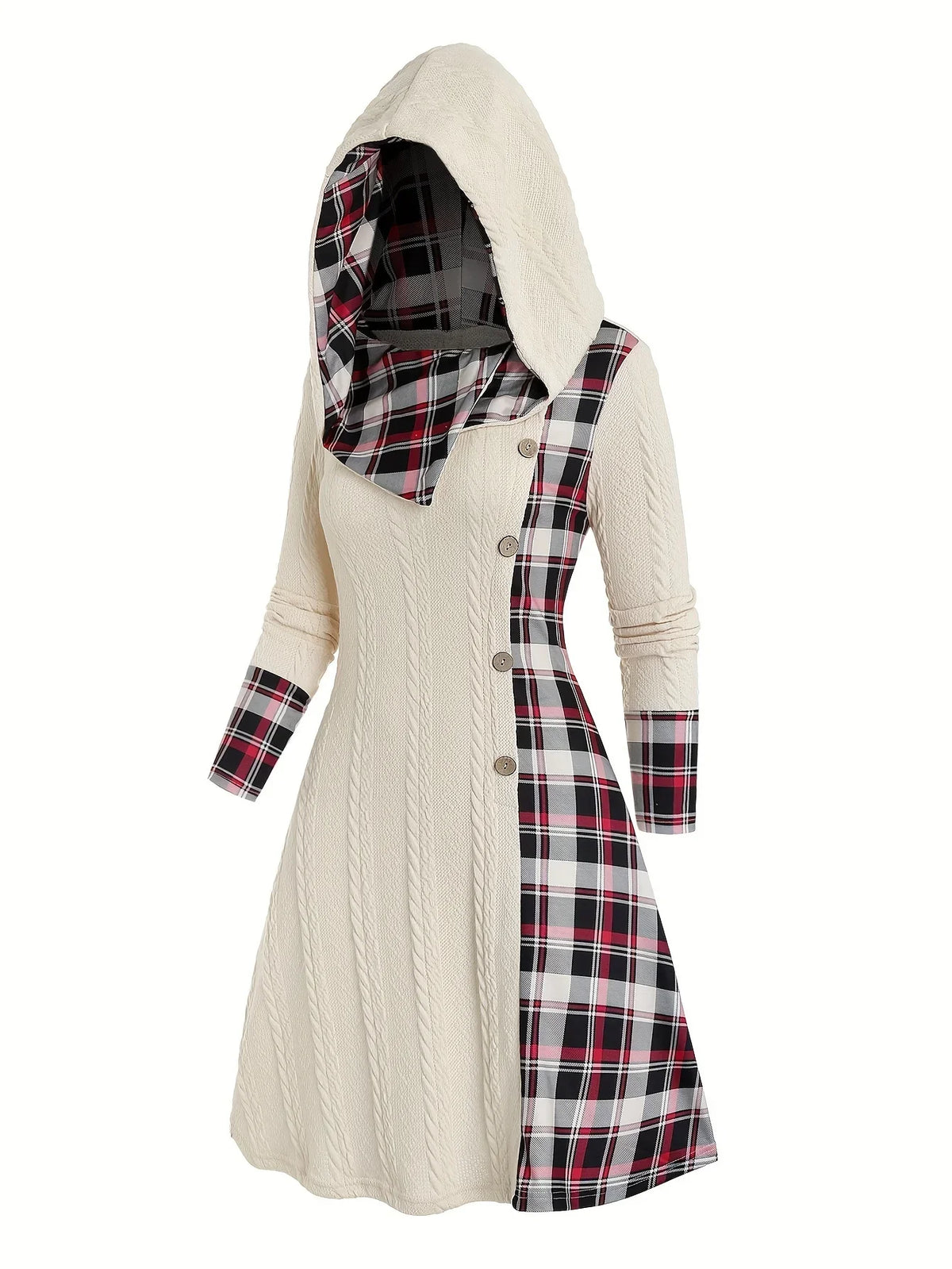 Knitted Hooded Plaid Dress - High Waist A-Line Long Sleeve Dress with Faux Buckle Detail for Women
