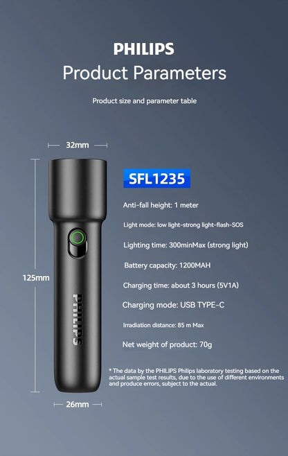 Philips 2025 New EDC Portable Rechargeable LED Flashlight – Self Defense, Camping & Hiking Tool