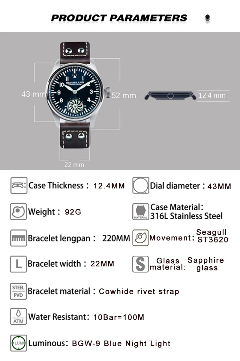 Hruodland 43MM Pilot Men’s Manual Mechanical Watch — Sapphire Crystal, BGW-9 Night Light, Turbine Design, Waterproof 5Bar