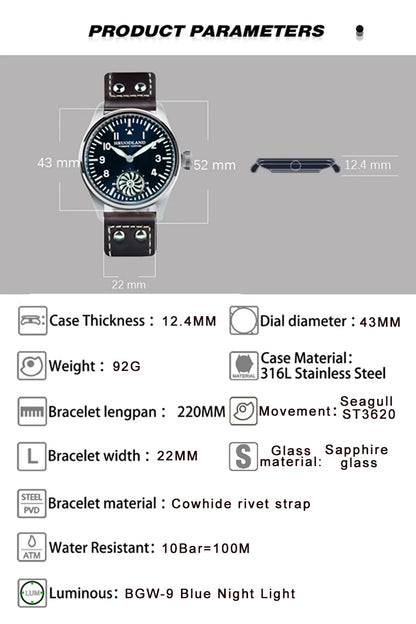 Hruodland 43MM Pilot Men’s Manual Mechanical Watch — Sapphire Crystal, BGW-9 Night Light, Turbine Design, Waterproof 5Bar