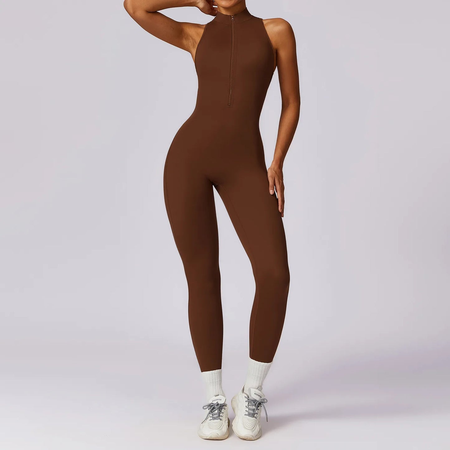 Women’s V-Back One-Piece Sports Jumpsuit — Sleeveless Yoga Romper with Zipper Workout Bodysuit