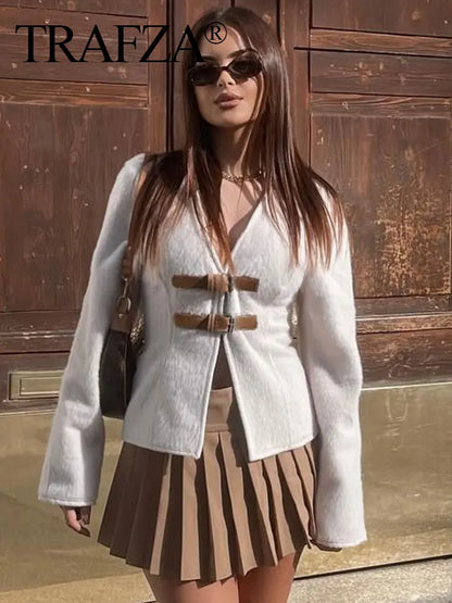 TRAFZA Women’s Retro Leather Buckle Woolen Coat – Fashion Solid V-Neck Beige Jacket, Autumn Spring Streetwear