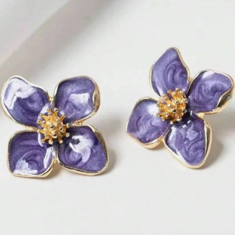 Hibiscus Flower Dropped Glaze Stud Earrings — French Vintage 2024 Fashion Jewelry for Women & Girls, Romantic Wedding Gift