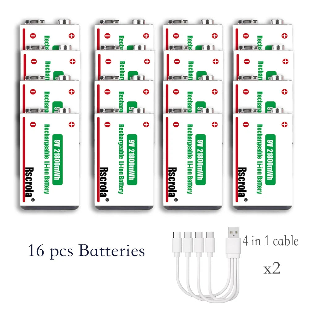 9V Lithium-Ion Rechargeable Battery 21800mWh – High-Capacity Power for Guitar, Microphone, Smoke Detector & Pedals with Cable