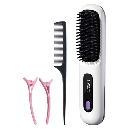 Cordless Hair Straightener Brush – Anti-Scald Electric Hot Comb with 3 Temperature Settings