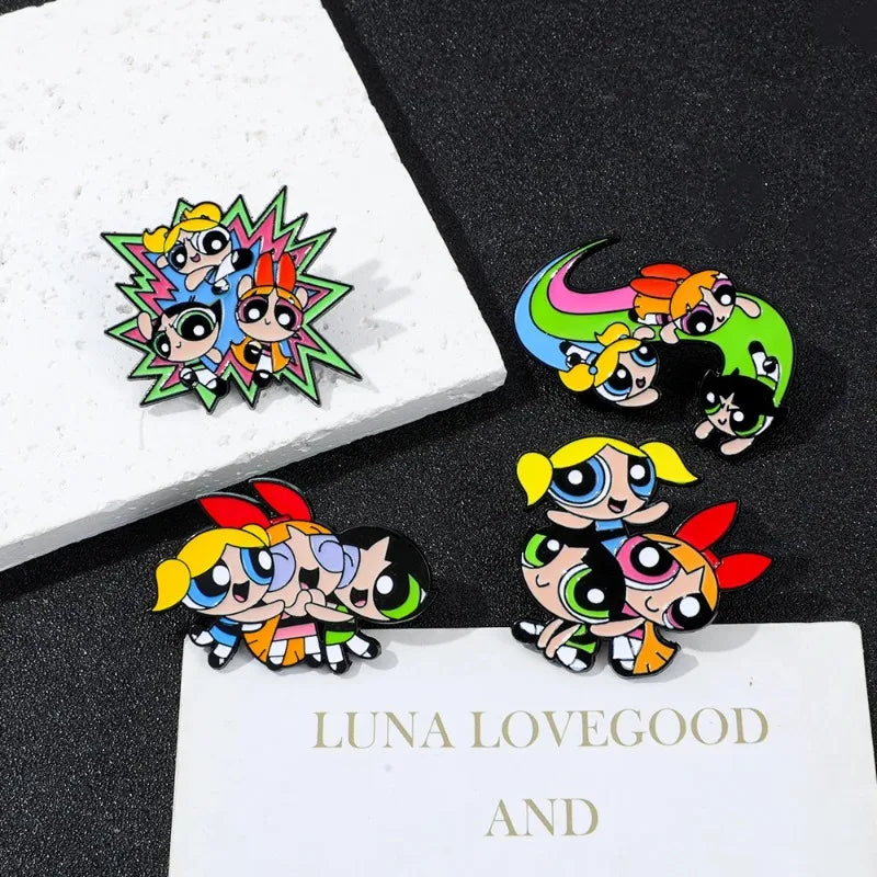 4-Piece Cartoon Anime Enamel Pin Set - Funny Blossom and Bubbles Metal Brooches for Backpacks, Clothing, and Gift Accessories