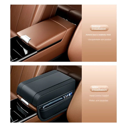 Universal Car Armrest Box Height Pad - Leather Cushion with Pocket, Central Memory Cotton Elbow Support, Armrest Storage
