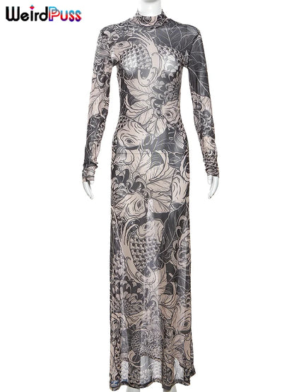 Mesh Print Women's Maxi Dress: Weird Puss Pattern, Turtleneck, Full Sleeve - Autumn Trendy Hipsters High Street Party Y2K Attirewear