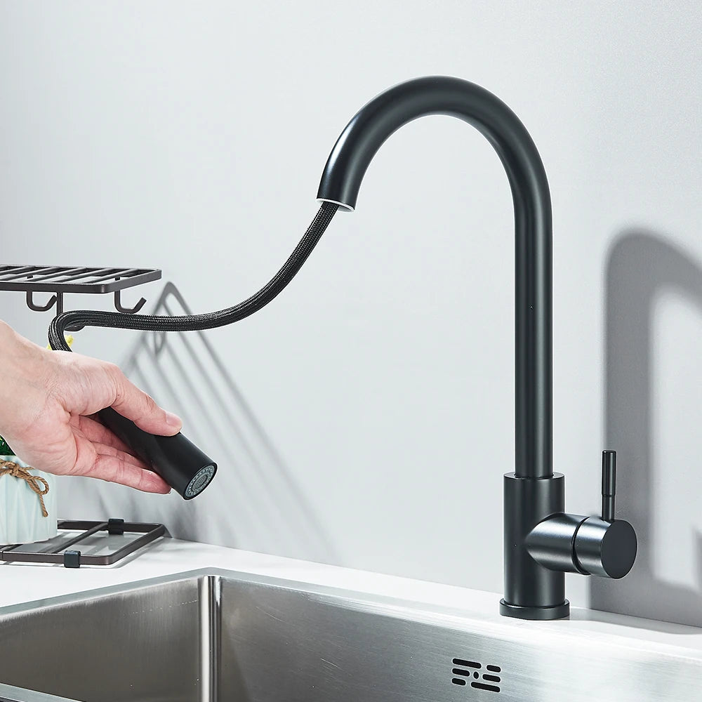Black Pull-Out Kitchen Faucet - Deck Mounted, Flexible Hot & Cold Water Sink Mixer Tap with Stream & Shower Modes Nozzle