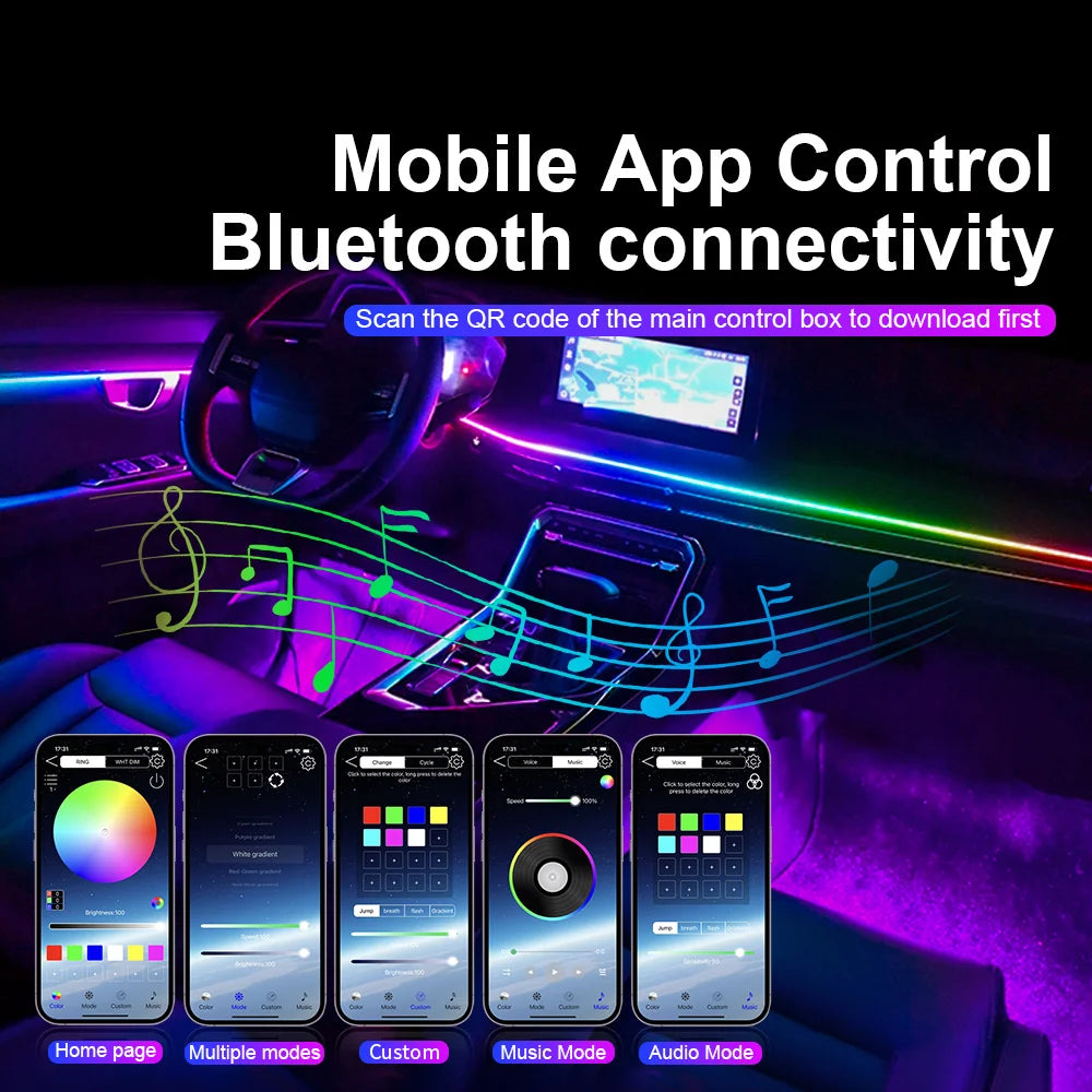 10/14/18-in-1 LED Car Ambient Lights – 213 64 Color RGB Bluetooth Rainbow Acrylic Strips, Atmosphere Lamp Kit 12V