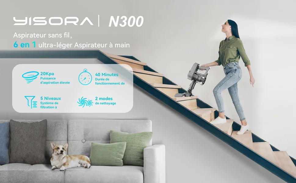 YISORA N300 Cordless Upright Vacuum Cleaner - 20Kpa Ultra Lightweight Stick Vacuum for Carpet, Hard Floor, Car, and Pet Hair