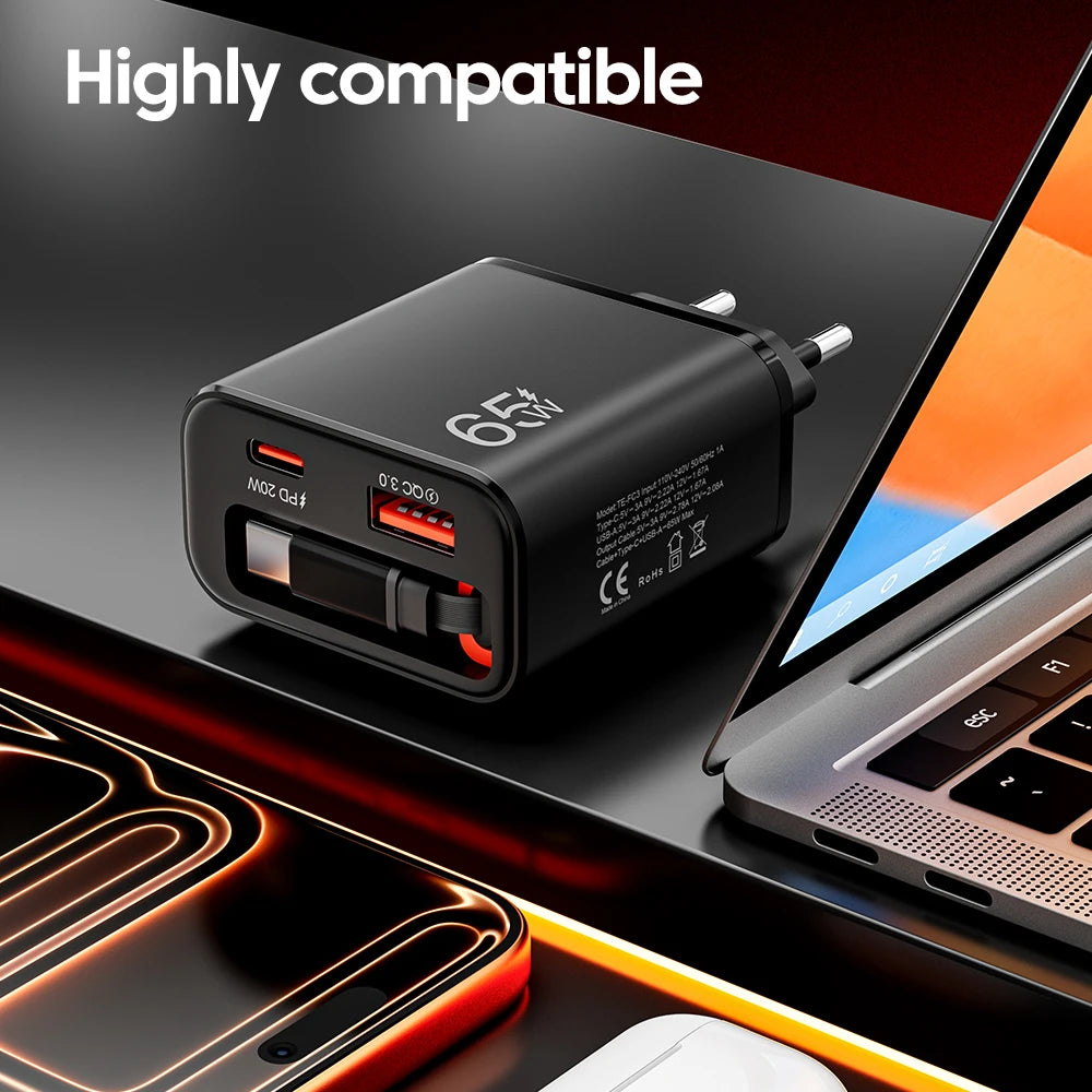 65W USB-C Wall Charger with Retractable Cable – Fast Charging Adapter with USB PD and QC 3.0 for iPhone, POCO, and Xiaomi Devices