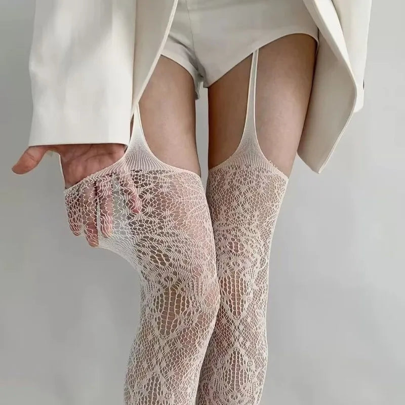 Lolita Floral Thigh High Tights - Colorful Sheer Fishnet Suspender Stockings for Girls & Women