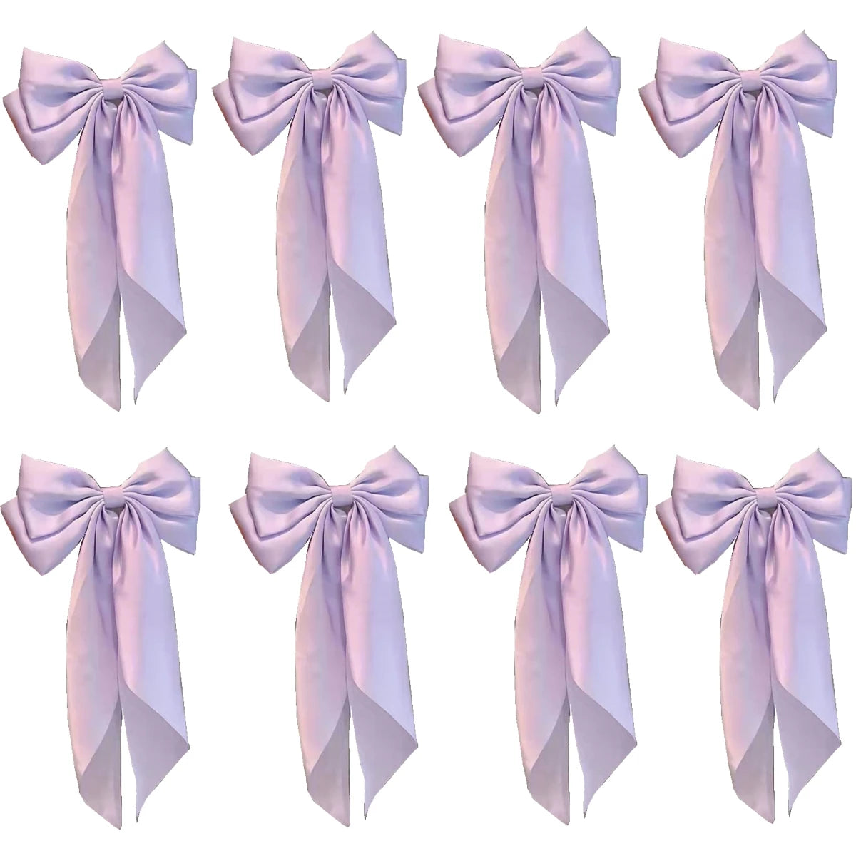 8 Ladies Satin Ribbon Bow Hair Clips – Oversized White, Pink, Red, Blue, Black Long Tail, Spring Clip for Ponytail Hair Accessories