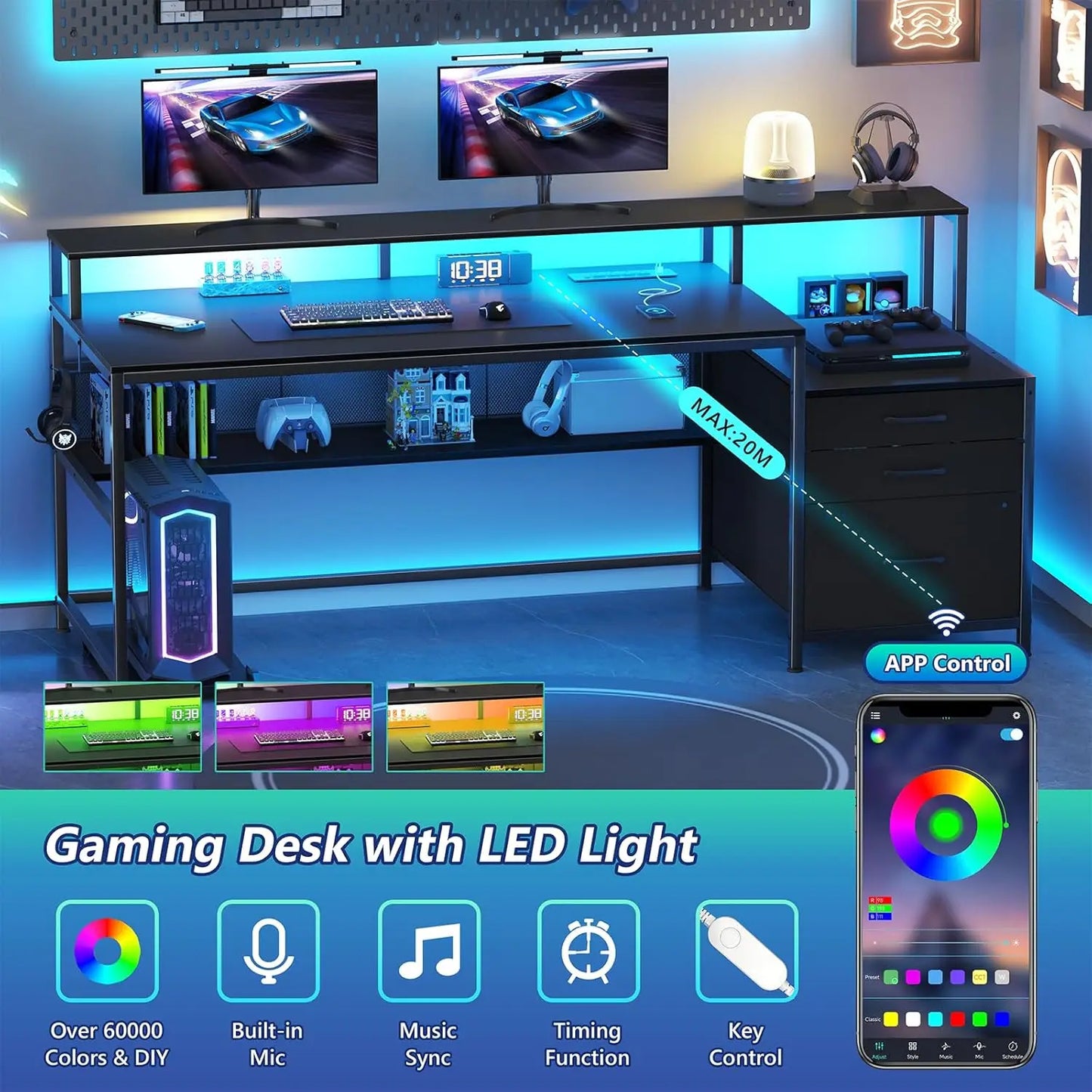 66" Computer Desk with LED Lights & Power Outlets – Home Office Desk with 3 Drawers, Storage Shelf & Gaming Desk