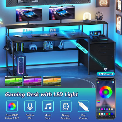 66" Computer Desk with LED Lights & Power Outlets – Home Office Desk with 3 Drawers, Storage Shelf & Gaming Desk