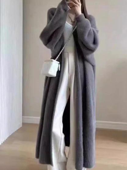 Autumn/Winter Lazy Style Warm Knee-Length Cardigan – Thickened Imitation Mink Fleece Knitted Sweater, Women’s Warm Coat