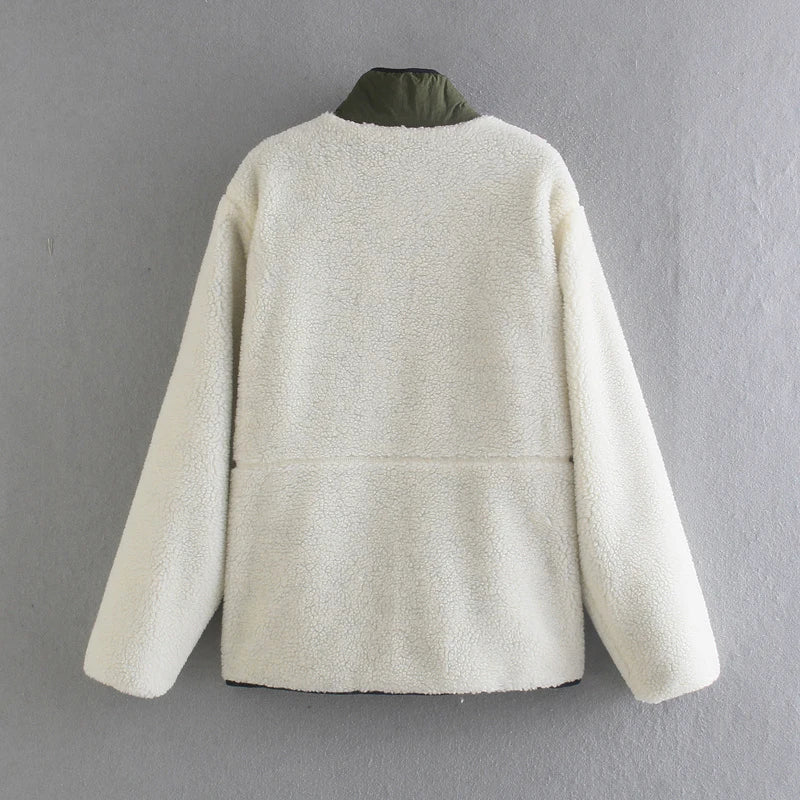 Unisex Stand Collar Fleece Jacket - Loose American Casual Patchwork Outerwear