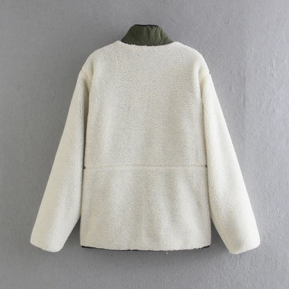 Unisex Stand Collar Fleece Jacket - Loose American Casual Patchwork Outerwear