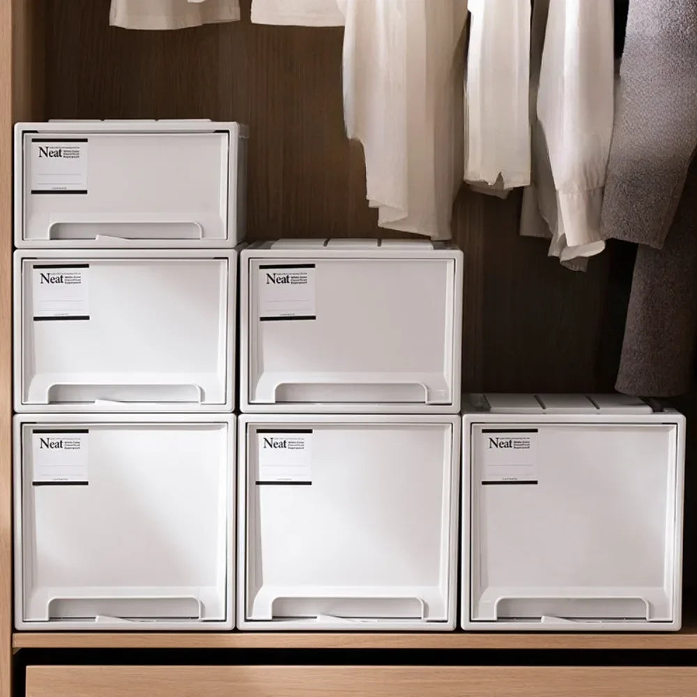 Wardrobe Storage Box – High-Capacity Transparent Stackable Drawer Container for Household Organization
