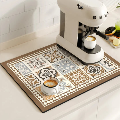 Retro Coffee Maker & Dish Drying Mat – Non-Slip, Quick-Dry Kitchen Placemat for Tableware, Washable