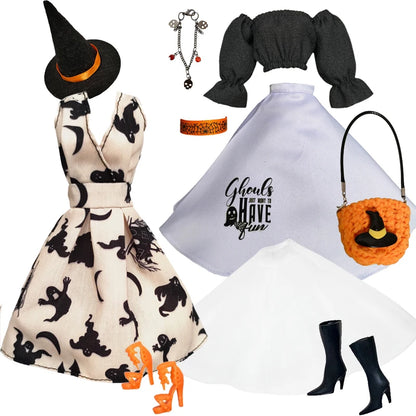 1/6 Doll Halloween Cosplay Outfit – Witch Dress, Cap, Belt, Bag & Broom for 12" BJD / 30cm Dolls
