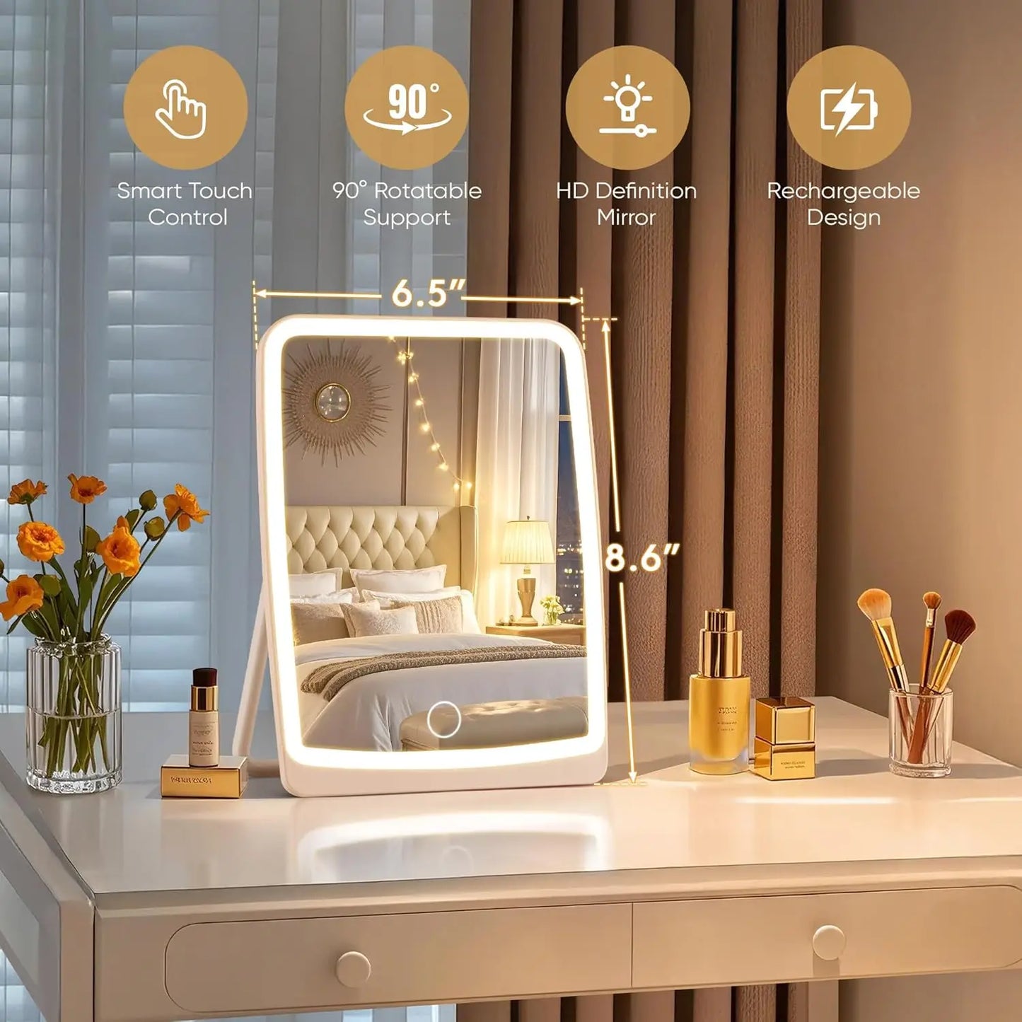 LED Compact Rechargeable Makeup Mirror – Dimmable Touchscreen with 3-Color Lighting, Lighted Travel & Tabletop Cosmetic Mirror