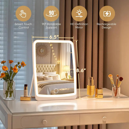 LED Compact Rechargeable Makeup Mirror – Dimmable Touchscreen with 3-Color Lighting, Lighted Travel & Tabletop Cosmetic Mirror