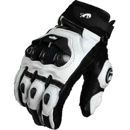 Motorcycle Gloves – Black Racing Genuine Leather, White Road Riding Team Gloves for Men, Summer & Winter with Touch Screen Compatibility