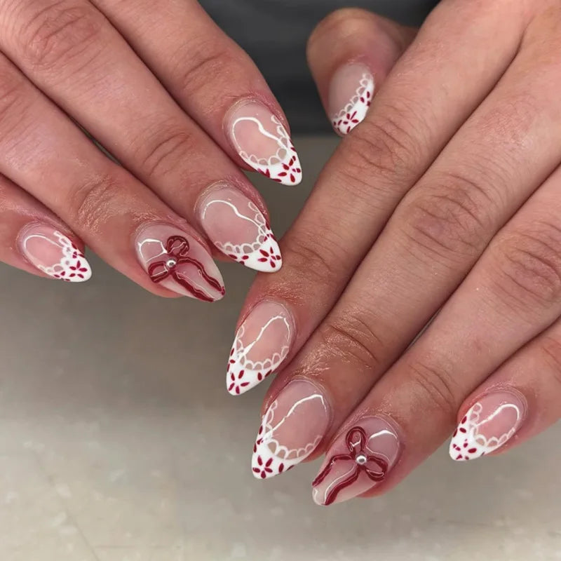 24Pcs French Press On Nails - Almond Fake Nail Tips with Glue, White Edge Design & Pink Stiletto Style Manicure Set