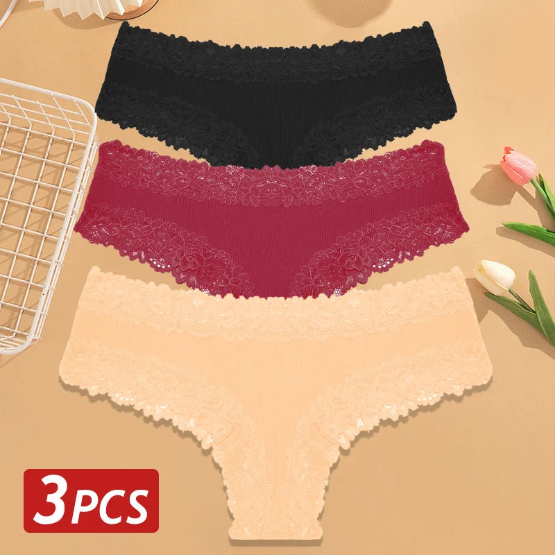 3PCS Women’s Cotton Lace Panties Set - Low Waist Brazilian Bikini Underwear Soft Floral Lingerie T-Back Style