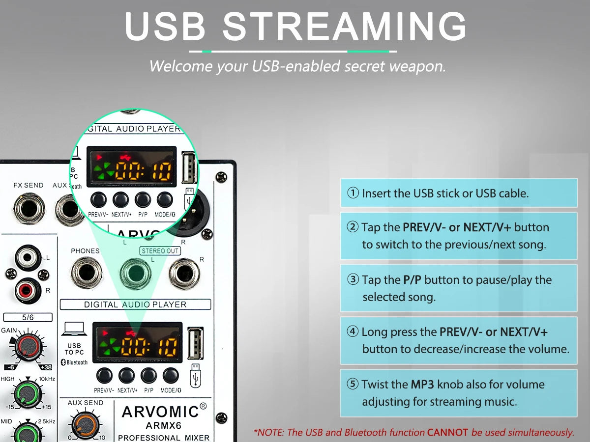 ARVOMIC 6 Channel DJ Audio Mixer – USB Interface, Bluetooth, 16 DSP Effects, 3-Band EQ (ARMX-6)