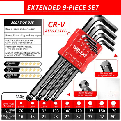 DELIXI ELECTRIC Allen Key Set - Metric Hex Wrench Screwdriver Kit with Long Torque Handles for Motorcycles & Bicycles