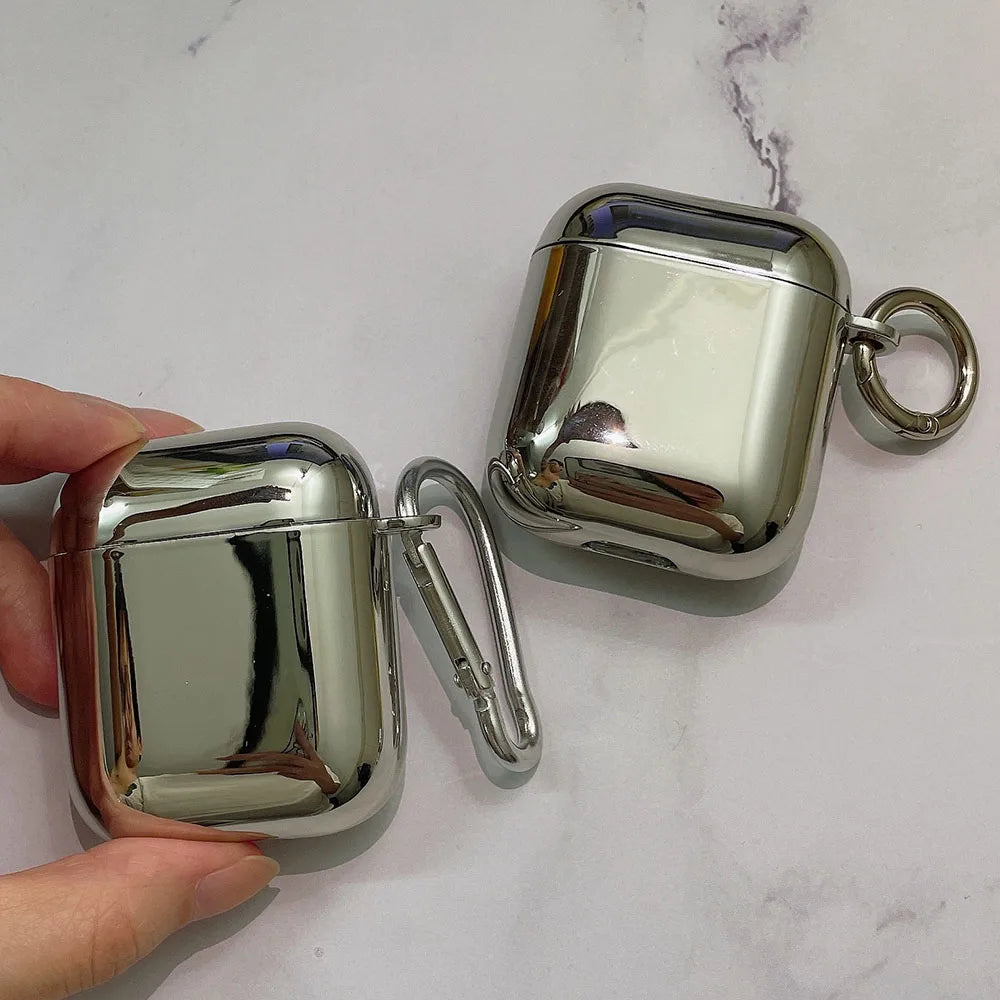 Electroplated Silver AirPods Case - Soft TPU Mirror Finish Cover with Heart Keychain for AirPods 1/2/3/4/5 & Pro 2