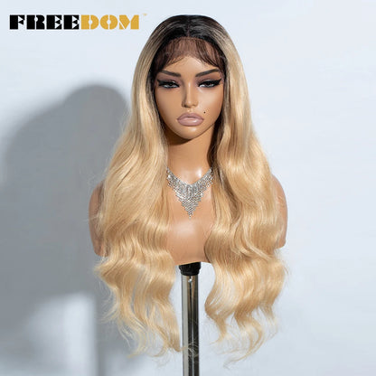 FREEDOM 26-Inch Synthetic Lace Front Wig for Women — Honey Brown Body Wave with Ombre Blonde Highlights, Cosplay & Fashion Wig