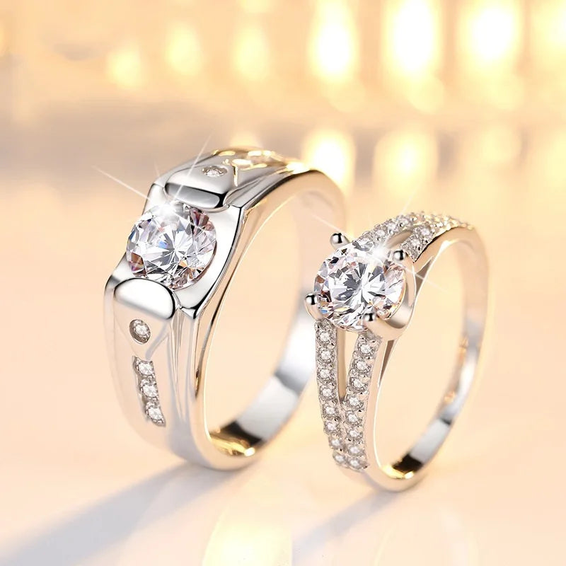 Luxury Zircon Couple Rings - Shiny Crown, Flower & Heart Design for Women & Men, Promise & Anniversary Wedding Jewelry