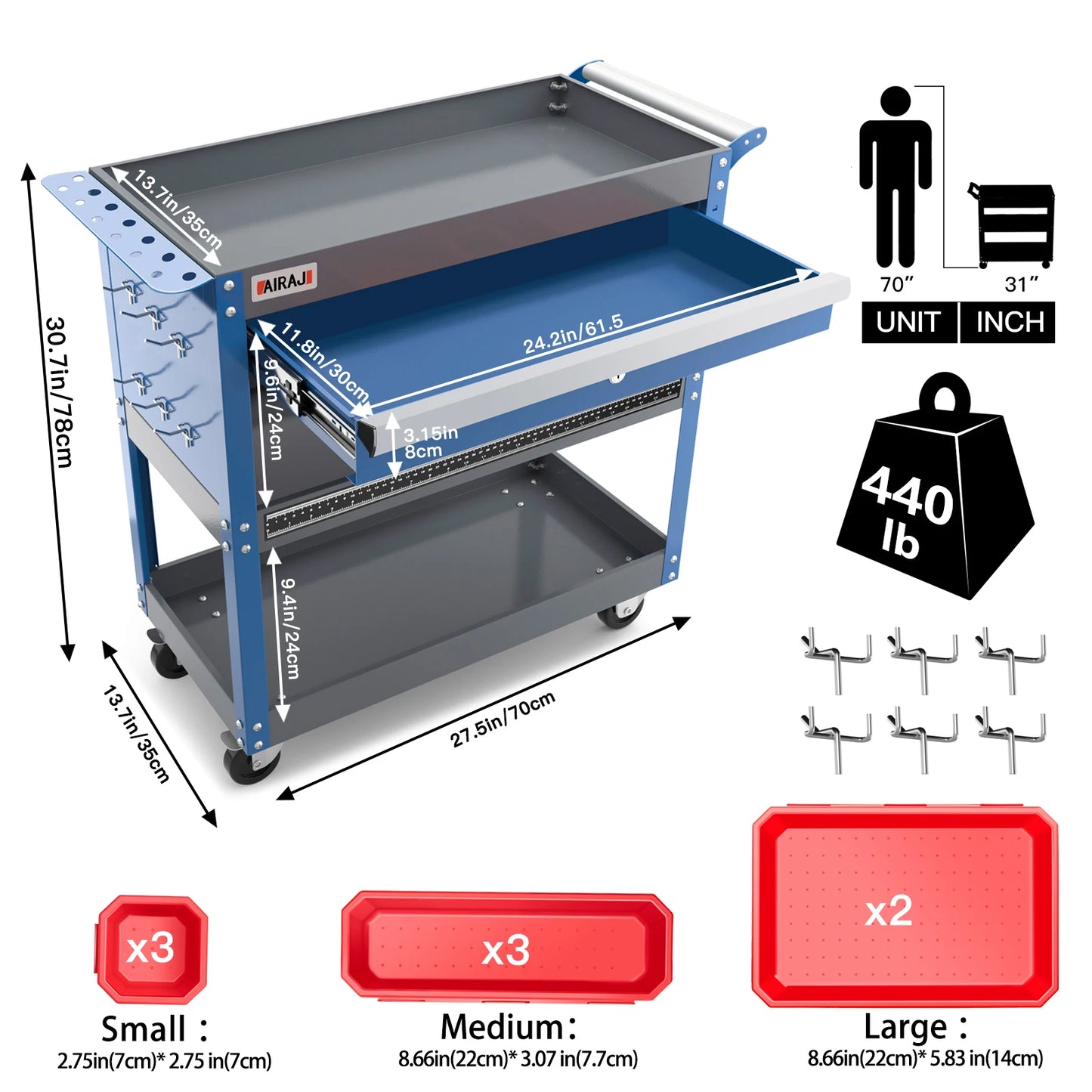 AIRAJ 3-Tier Rolling Tool Cart — Heavy-Duty Metal Mechanic Utility Cart with Drawers, Wheels & Pegboard
