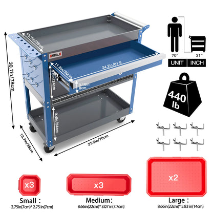 AIRAJ 3-Tier Rolling Tool Cart — Heavy-Duty Metal Mechanic Utility Cart with Drawers, Wheels & Pegboard
