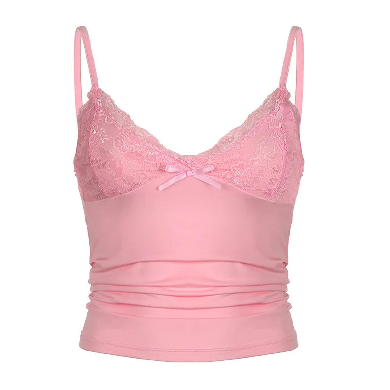 Y2K Lace V-Neck Bow Top - Sexy Slim Fit Spaghetti Strap Vest Crop Top for Women