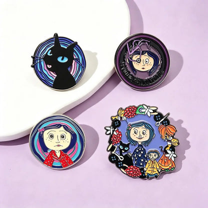 4-Piece Horror Movie Enamel Pin Set – Ghost and Cartoon Character Lapel Brooches for Backpacks, Cosplay, and Halloween Gifts
