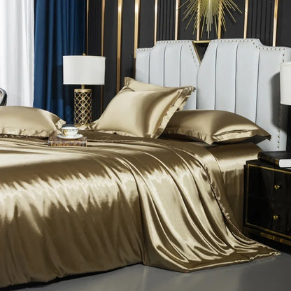 Nordic Silk Bedding Set With Duvet Cover - Luxury Solid Color Bed Sheet & Pillowcase Set For Single Double Couple Summer Bed Linen