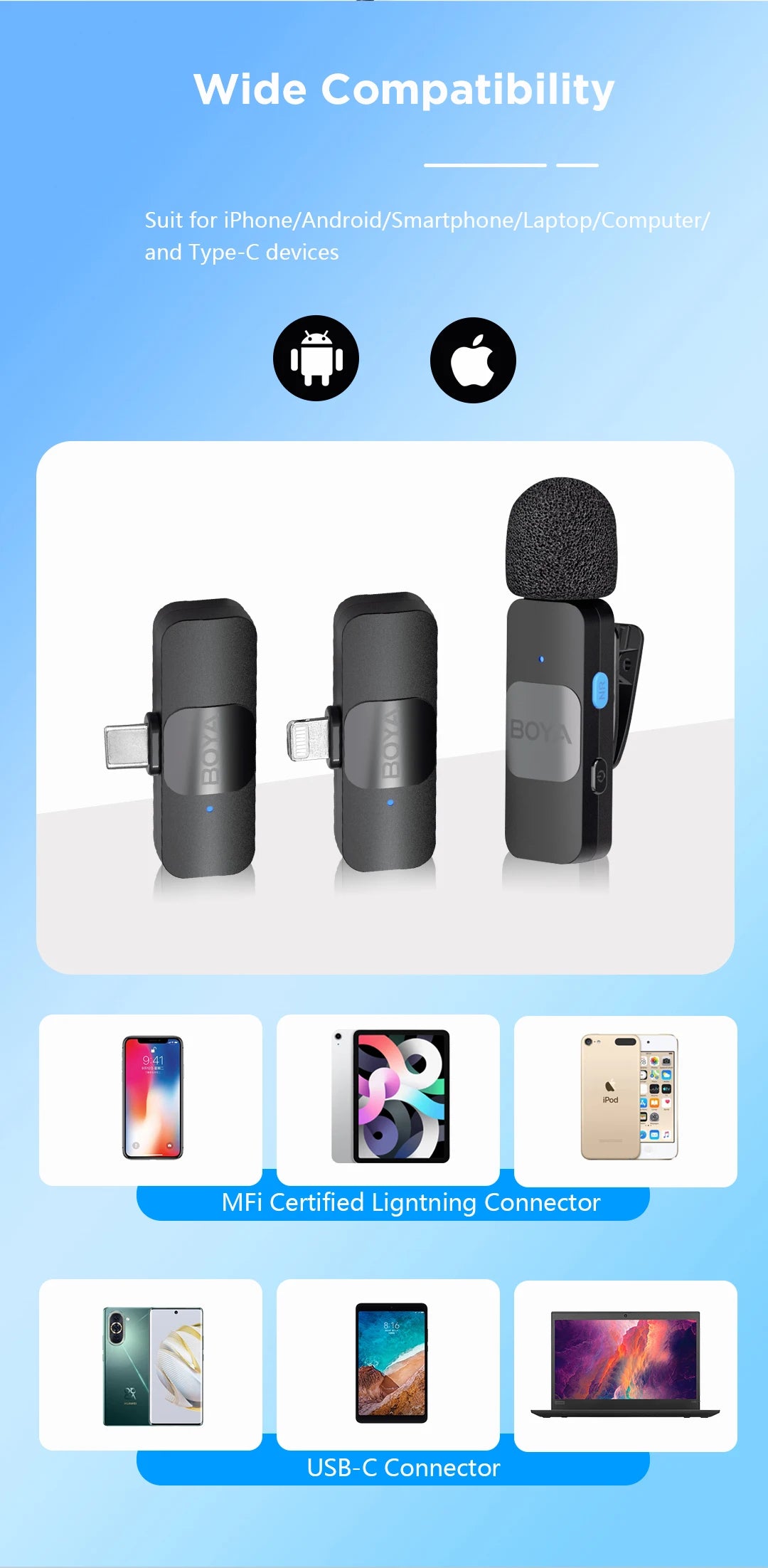 BOYA BY-V Wireless Lavalier Microphone – Professional Mini Mic for iPhone, iPad, Android, Live Broadcast, Gaming, Recording & Vlog