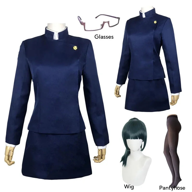 Jujutsu Kaisen Maki Zenin Cosplay Costume — Glasses, Wig, Top & Skirt Full Set for Halloween, Women & Men Uniform
