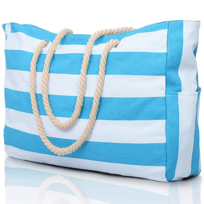 Striped Waterproof Canvas Beach Bag – Zippered Foldable Tote for Outdoor Travel and Vacation, Sand-Resistant Design