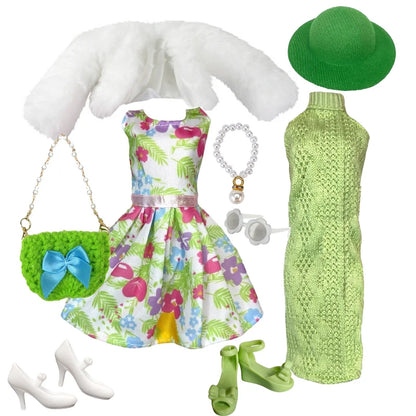 1/6 Doll Clothes Set — Handmade Fashion Outfits with Green Dress, Bag & Shoes for 12-Inch (30cm) Dolls