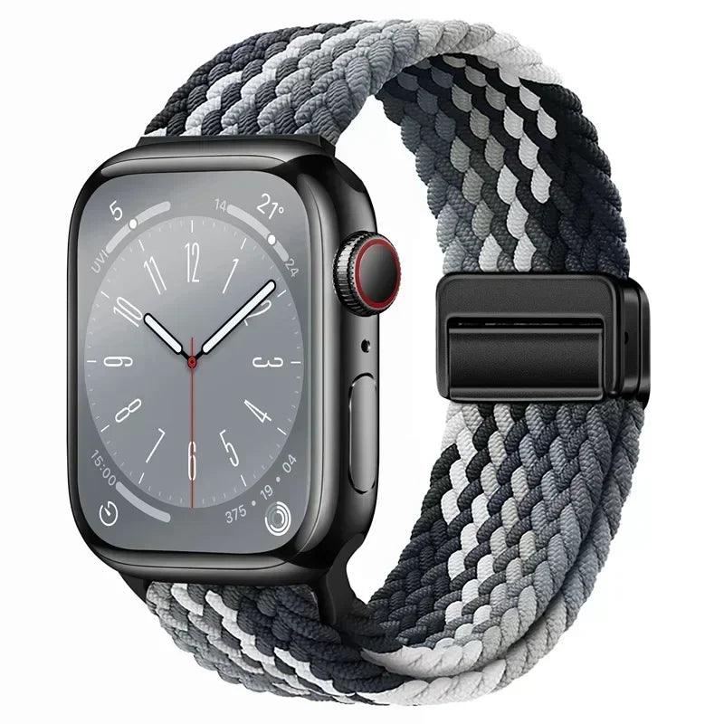 Nylon Braided Loop Apple Watch Band – Magnetic Metal Bracelet Strap for Ultra 2, Series 3–9 & SE (40mm–49mm) Adjustable Wristband