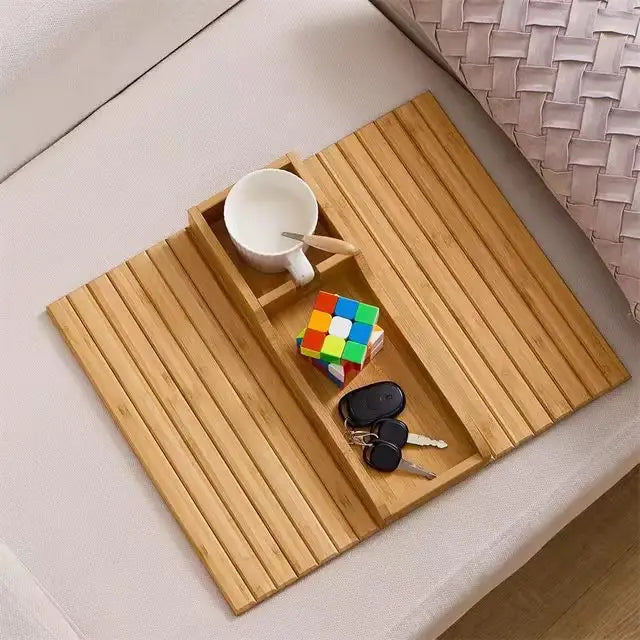 Foldable Bamboo Couch Cup Holder – Anti-Slip Multifunctional Sofa Armrest Tray for Cups & Remote Control